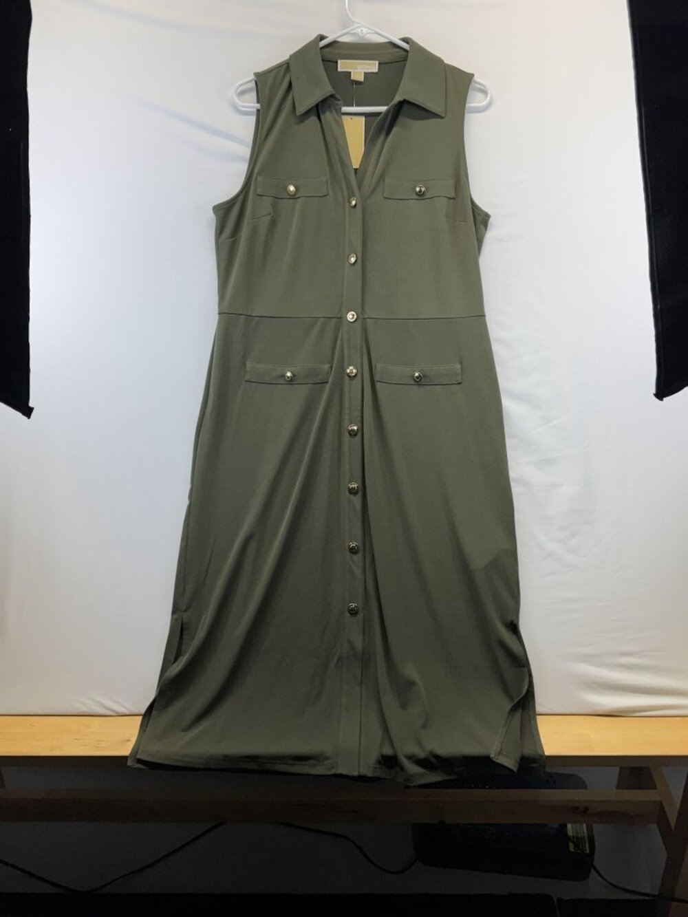 Michael Kors Olive Green Button Down Shirt Dress Sleeveless Faux Pockets Sz L - Picture 6 of 7